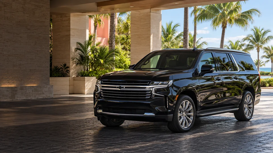 Representative black SUV beneath a tropical arrival canopy